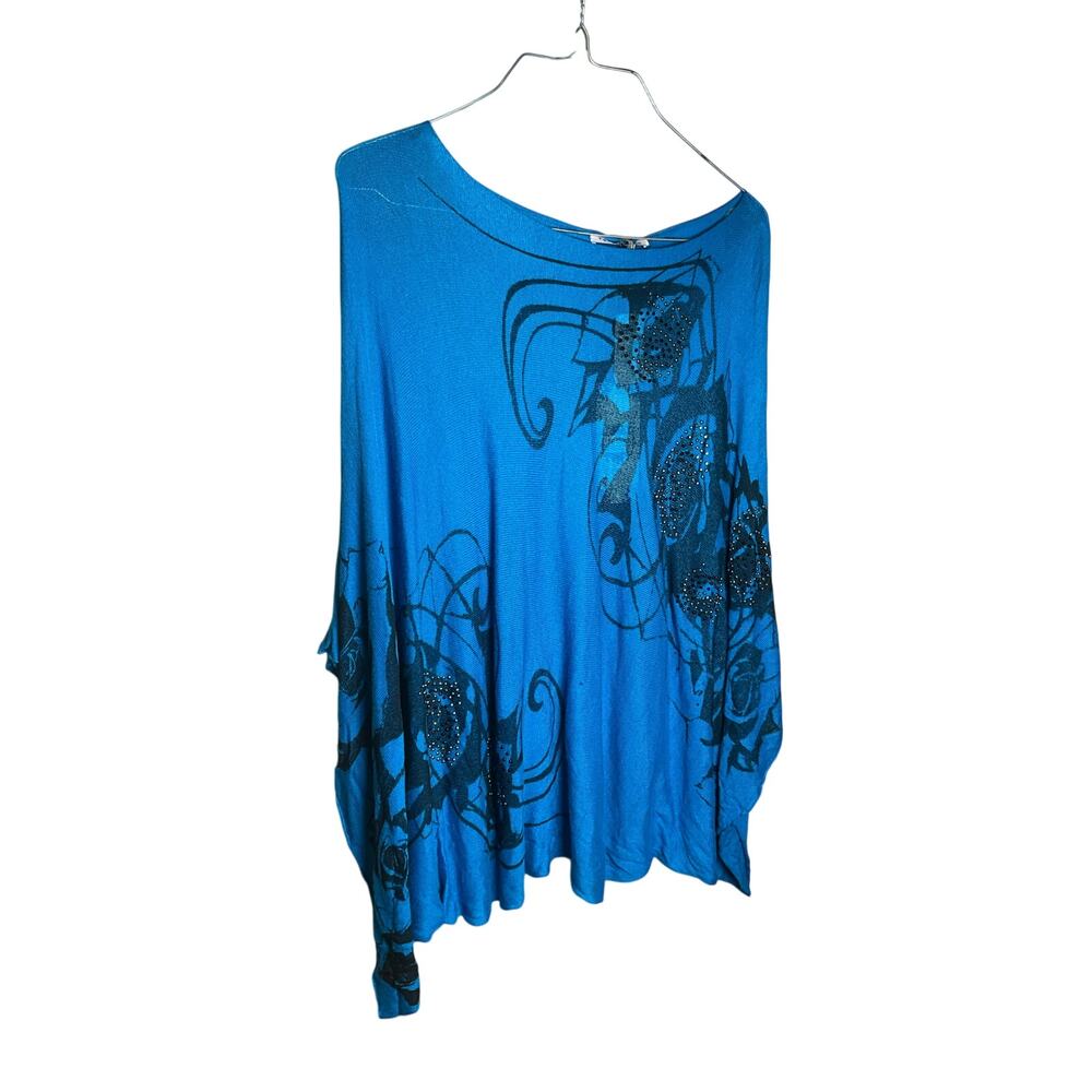 Tempo Paris Beaded Top Cold Shoulder Sleeve Pullover Blue Womens Size M/L NWT
